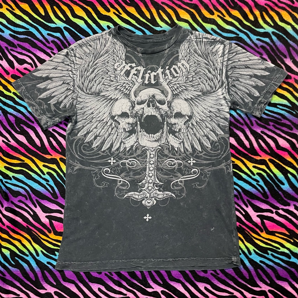 Y2k Vintage Grunge Extremely Rare Affliction Black Skull Graphic Tee